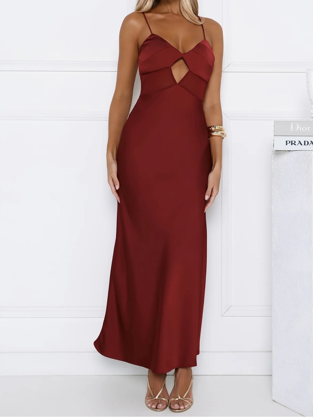 Satin Burgundy Midi Cutout Dress